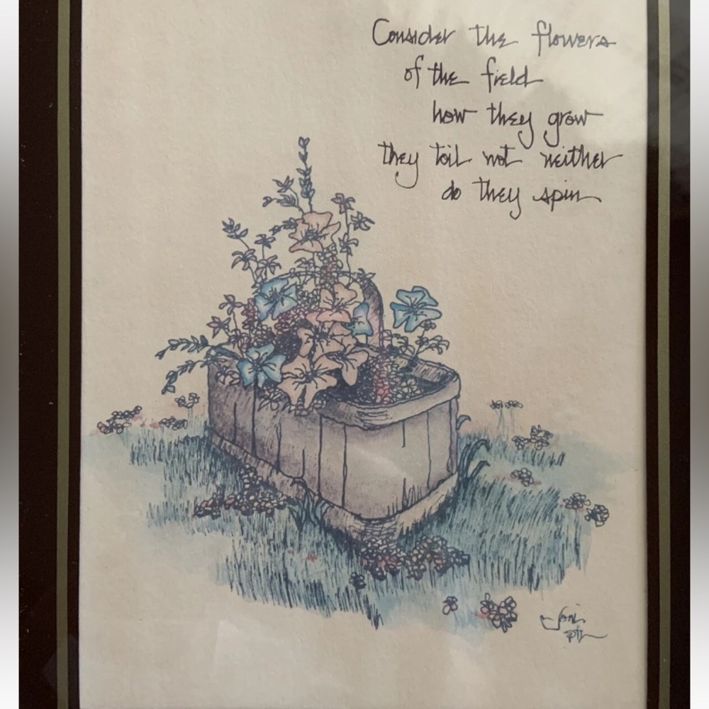 Rare Vintage Joni Eareckson Original Framed Print “Picnic Flowers” 15”x 13”